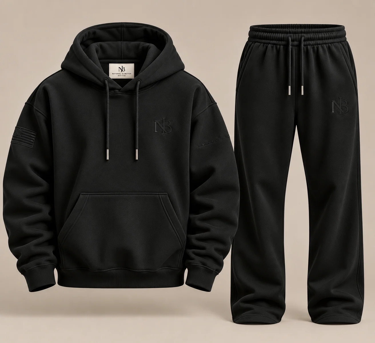 Founding Set in black: modern relaxed fit hoodie and matching open-hem sweatpants