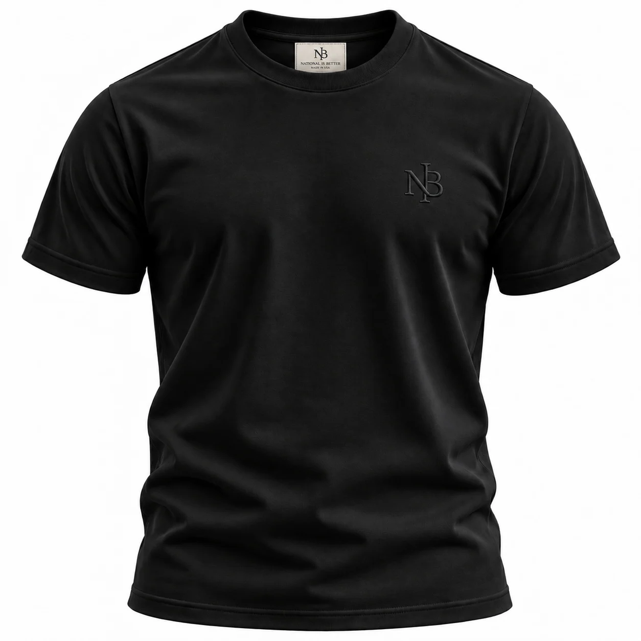 Essential Cotton Tee in black, front: tonal NB monogram on the left chest